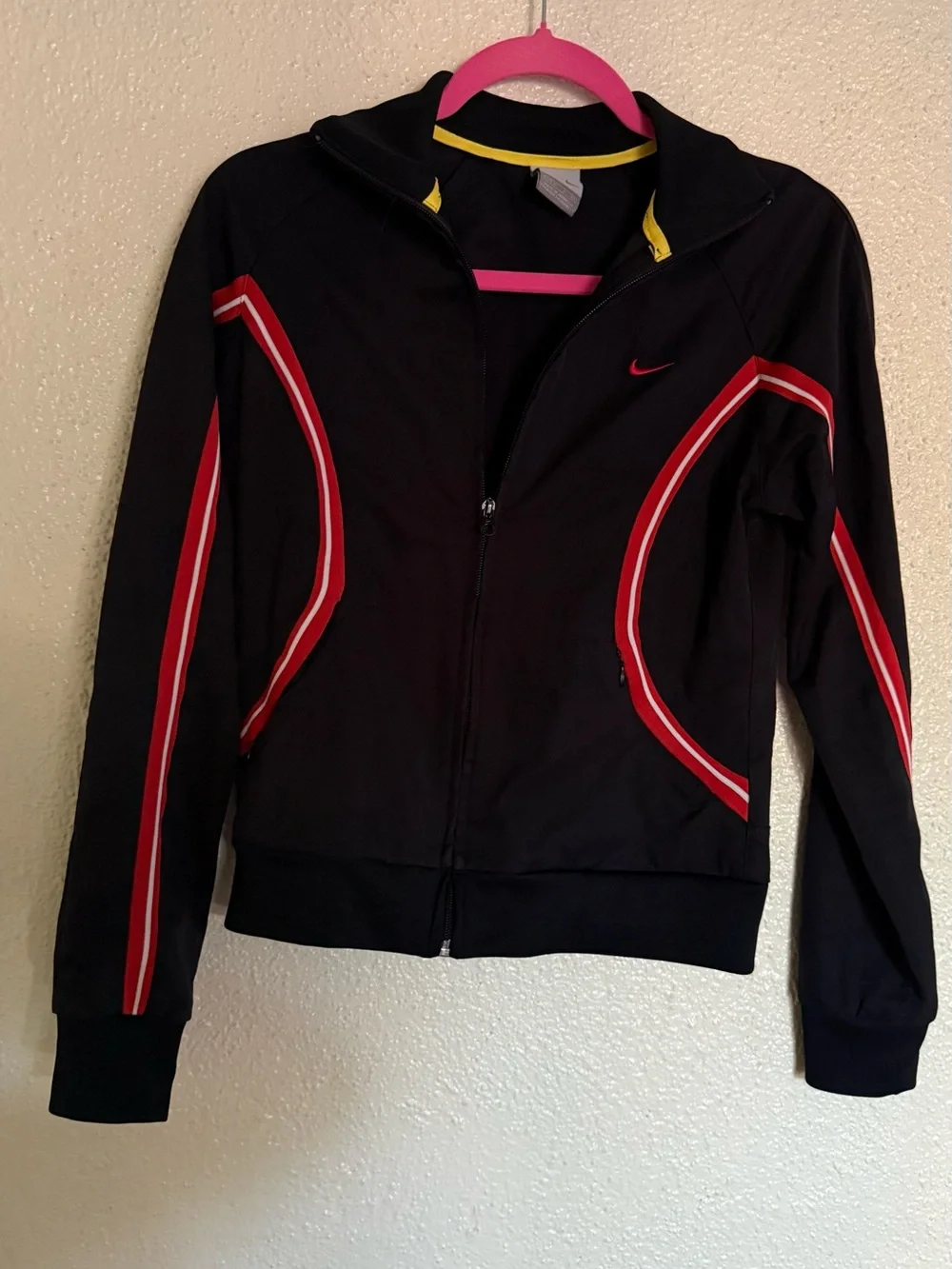 Vintage Y2K Nike full zip Black Track Jacket with red Stripe Accents size S